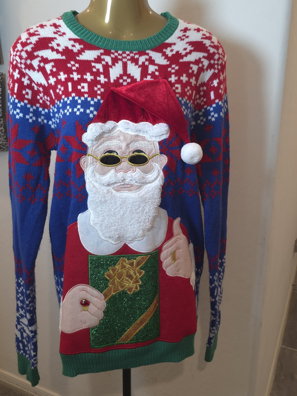 Holiday Time Ugly Christmas Sweater Santa Claus Sunglasses Thumbs Up S